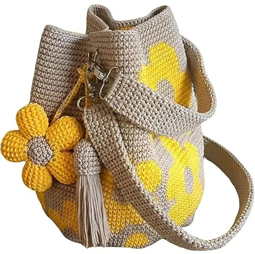 Bolso de mano hecho a mano con flores de ganchillo para mujer, bolso de hombro floral de punto bohemio con dije de borla para playa, compras, viajes y uso diario