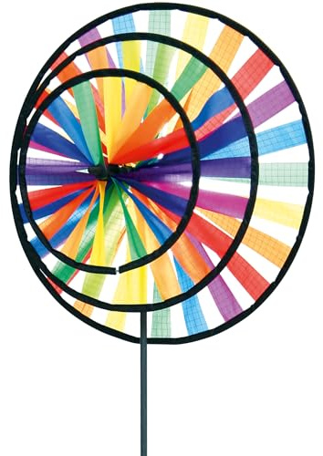 HQ Windspiel Magic Wheel Triple Windrad Gartendeko mit Standstab | Farbenfroh dreht schon bei leichtem Wind wetterfest UV-beständig langlebig für Garten Terrasse & Balkon Rad-Ø28cm, H79xT16cm