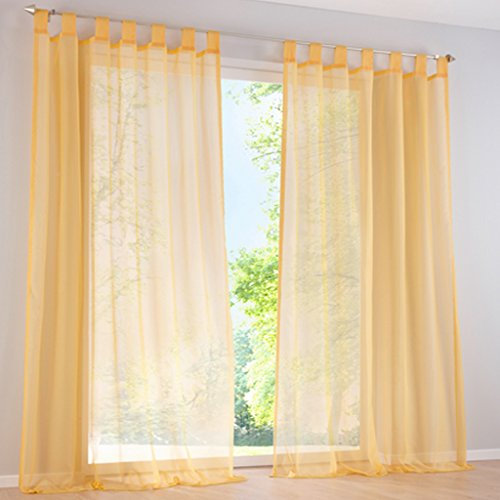 SIMPVALE 2 Stücks Voile Vorhänge zu Gürtelschlaufe transparent Vorhänge Fenster Balkon aus Tüll Breite 140cm, Polyester, Gelb, Höhe 175cm