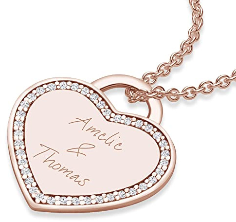 Amoonìc Herz Kette Gravur Rosegold (Silber 925 hochwertig vergoldet) | Inkl. Luxusetui, Kettenanhänger mit Gravur persönlich Gravurplatte individuell Anhänger