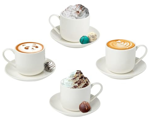 Set de 4 Tasses à Expresso avec soucoupes Assorties - Porcelaine Blanche de première qualité, Coffret Cadeau 8 pièces Demitasse - Tasses à café Italiennes Caffè, Tasses à café Turques