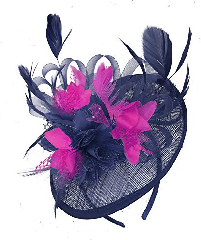 Caprilite Navy Blue and Fuchsia Hot Pink Sinamay Disc Saucer Fascinator Hat for Women Weddings Headband