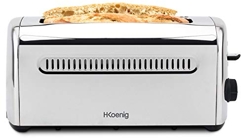 H.Koenig Tostador Especial Baguette 2 Rebanadas TOS32 Ranuras anchas 40mm Acero inoxidable Vintage, 7 niveles de tostado, Descongelación, Rápido y uniforme, Pan, muffin, bagel, baguette, 1500W