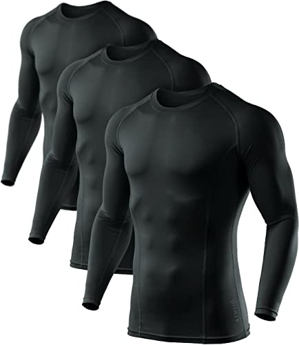 ATHLIO Men's UPF 50+ Long Sleeve Compression Shirts, Water Sports Rash Guard Base Layer, Athletic Workout Shirt, 3pack Black/Black/Black, Small