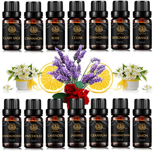 14x10ml Aromathérapie Jasmine huile essentielle Set pour diffuseur, 100% Rose pur huiles essentielles pour fabrication de bougies, qualité thérapeutique Bergamote Huiles Set- Cedar, Géranium huiles...