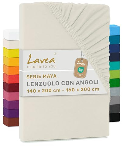 Lavea® Sábana Bajera Ajustable 140x200-160x200 cm – para Cama 150, Colchones Altos hasta 20 cm, 100% Algodón, con Elástico, Blanco Crema