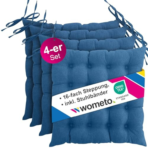 wometo 4er Set Sitzkissen 40x40 Oeko-TEX mit Bändern/Schleifen türkis | gesteppte Sitzpolster / Stuhlkissen mit Steppung für Indoor und Outdoor, drinnen und draußen nutzbar, im praktischen 4er Pack