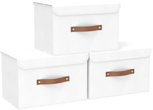 Yawinhe 3 Stück Aufbewahrungsboxen mit Deckel,45x30x30cm,Weiß | Waschbare Faltbare Stoffboxen;Kisten Aufbewahrung mit Praktischen Griffen;Faltboxen Aus Vliesstoff für Schlafzimmer