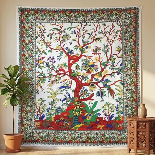 THE ART BOX Albero della Vita Psichedelico da Appendere Parete Grande Arazzo Bianco - 230x210 cm Cotone Indiano Hippie Arazzi Estetici per Arredamento Casa