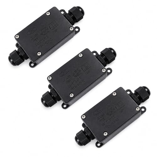 3 Pack IP66 Waterproof Junction Box Outdoor Electrical Cable Connector 2 Way Wire Connection Box with PG9 Cable Glands for 3-8mm & 6-10mm Cables, Weatherproof External Junction Box for Garden Lights