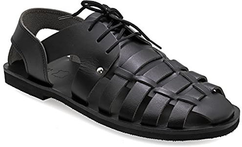 47 Schwarz Emmanuela Fischer Sandalen für Herren mit Schnürsenkeln, handgefertigte Ledersandalen aus Leder im antikem griechischem Stil, hochwertige Riemchensommerschuhe in Schwarz, Braun, Beige
