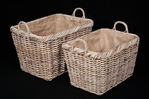 Holzkorb/Mehrzweckkorb aus ungeschältem, 5mm starkem Rattan; mit Jutestoff; 2 Größen, 3 Farben (koobo grau, 60 x 46 x H 37/43 cm)