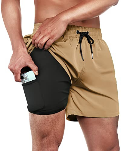 BRISIRA Mens Swim Trunks Swim Shorts Quick Dry 5 inch Inseam Beach Shorts with Compression Liner and Zipper Pocket Khaki