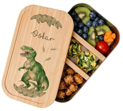 Manufaktur Liebevoll | Brotdose mit Namen Personalisierte Vesperbox Brotzeitbox Kinder Personalisiert Brotdose Kindergarten Personalisiert mit Fächer Edelstahl (Dino)