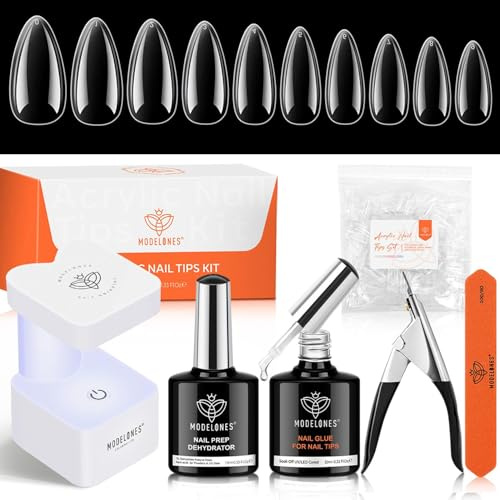 modelones Nail Tips and Glue Gel Kit 500pcs Clear Fake Nails Almond with Prep Dehydrate 4In1 U V/LED Lamp Art Tools Acrylic Extension Set, red, 7.5 millilitre
