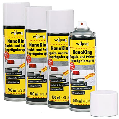 WILPEG Teppich & Polster Imprägnierspray | NanoKing 4 x 300ml Pflegespray | Schutz für Sofa, Sitze, Leder & Textil | Schmutzabweisend durch Abperleffekt | Reichweite bis 10 qm | Langzeitwirkung
