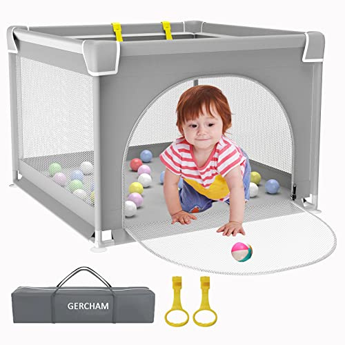 GERCHAM Laufstall Baby 90x90cm,Laufgitter Baby Faltbar mit Sicherheitstür für Apartment, Kleines Laufstall,Laufgitter mit Atmungsaktivem Netz und Rutschfeste Basis,Playpen Außenbereich