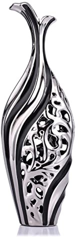 Schwarz Silberne Bodenvase 50cm Hoch, Keramik Große Deko Vasen Durchbrochen Kreative Vase Für Pampasgras & Trockenblumen,50cm Hohe Standvase für Home Office Hochzeit Weihnachten Einweihungsparty Dekor