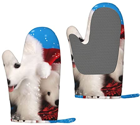 Merry Christmas Ofenhandschuhe, bedruckt, waschbar, hitzebeständig, wasserdicht, rutschfest, Silikon, Kochhandschuhe für Küche, Kochen, Grill, Weiß