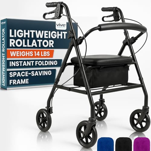 Vive Ultra Lightweight Rollator Walker with Seat - Foldable, Narrow, Rolling Senior Walker for Small Spaces - 4 Wheel Aluminum Adult Easy Drive Aid with Underseat Accessory