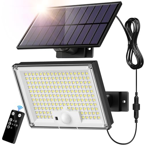 Faretti Solari a LED da Esterno, 172 LED Luce Solare LED Esterno con Sensore di Movimento, IP65 Impermeabile Luci Solari da Esterno con Telecomando, Lampade Solari con Estensore da 5M Bianco Caldo