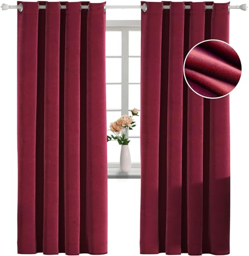 YSTELLAA 100% Verdunkelungsvorhang 2er Set, 140×225cm, Samt Vorhang Sonnenschutz, Vorhänge Blickdicht Mit Ösen, Vorhang Verdunkelung Schallschutz, Thermo Vorhänge Schlafzimmer, Weinrot