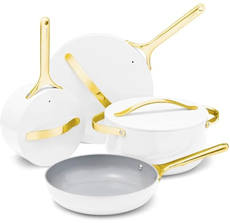 Caraway Nonstick Ceramic Cookware Set (12 Piece) Pots, Pans, Lids and Kitchen Storage - Non Toxic, PTFE & PFOA Free - Oven Safe & Compatible with All Stovetops (Gas, Electric & Induction) - White