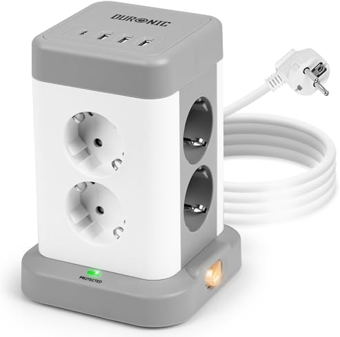 Duronic ET8C Tour Multiprise avec 3 Ports USB-A et 1 Port USB-C 8 Prises 3680W 13A Multiprise avec parasurtenseur Protection Contre Les surtensions Câble de 1,8 m