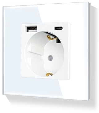 LIAONFOY 20W Schnelllade Steckdose usb c Kombination Steckdose mit Kindersicherung Glasrahmen Unterputz Wandsteckdose 100-240V 86mm Weiß (Neutrale erforderlich)