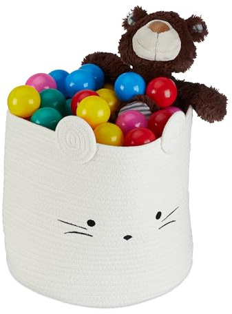 Relaxdays Aufbewahrungskorb für Kinder, Baumwollkorb Maus, HD: 34 x 34 cm, Spielzeugkorb Kinderzimmer, Baumwolle, weiß