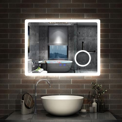 Aica Sanitär Badspiegel mit Bluetooth 70×50cm Uhr Schminkspeigel Kalt/Neutral/Warmweiß dimmbar Touch/Wandschalter Beschlagfrei Spiegel Badezimmerspiegel