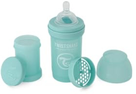 Twistshake Anti-Kolik-Babyflasche mit Milchpulverbehälter und Mixer - 180ml | Brustähnliche Nippel aus Silikon mit mittlerem Durchfluss | BPA-freie Babymilchflasche | Neugeborene (0+) | Neues Türkis