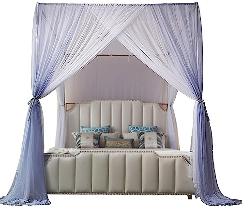 Ecken Pfostenbettnetz-Baldachin, Edelstahl-Himmelbettrahmen-Vorhänge, doppelschichtiges Moskitonetz, Bettrahmen-Vorhanghalterungen für Schlafzimmer, Blau, Queen