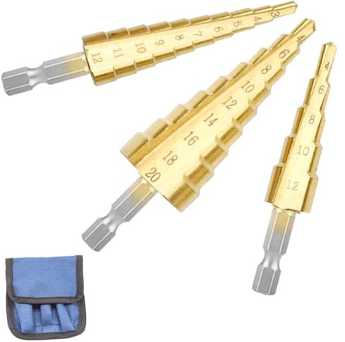 Ruidee 3 Pezzi HSS Trapano in Titanio Foro Alesatore Perforazione Svasato Gambo Esagonale Foro Multiplo Punte per Trapano Passo Punte Coniche per Legno e Metallo 3-12mm/4-12mm/4-20mm (ZT/3-120mm)