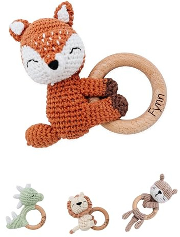 Bärenfreunde® - Personalisierter Beißring Baby - Niedlicher Greifling für Baby's ab 0 Monate - Babyrassel mit Name als Baby Geschenk für Mädchen und Jungen (Fuchs liegend,mit Name)