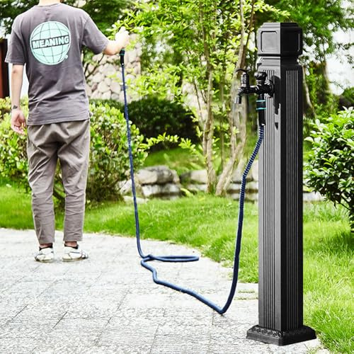 Stainless Steel Cylindrical Vertical Garden Water Column Freestanding Hose Stand with 15M High Pressure Water Pipe, Water Hydrant Decorative Water Feature Fountain,34in