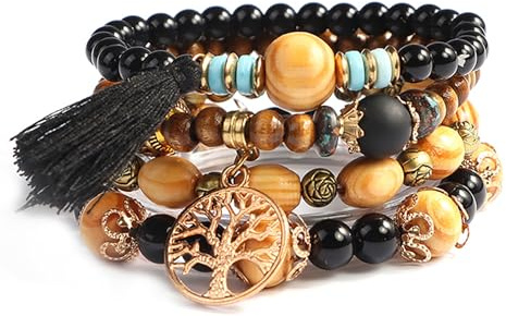 SHUBEIEUMI Bracelet Perles Bois pour Femme, Lot de 4 Bracelets Style Bohème, Bracelet Extensible Multicouche avec Accessoires Arbre De Vie et Gland, Noir