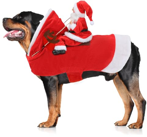 Mfsdai Hund Weihnachtskostüm, Santa Reiten Kleidung Hundekostüm, Hundepullover Mantel Weihnachten Rot für Kleine Mittel Große Hunde Katzen 3XL