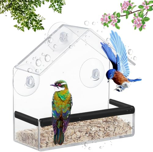 Fenster Vogelfutterspender, Acryl Transparent Vogelhaus, Fenster Futterhaus für Vögel, mit 3 Saugnäpfen und Futterkassette, 15 x 15 x 6 cm, für Meisen, Spatzen, Wildvögel