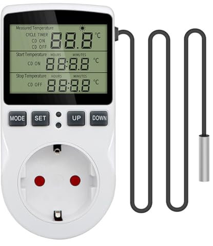 Digitaler Temperaturregler Steckdosen 230V, Premium Thermostat Steckdose mit Fühler und Sonde, Automatischer Thermostat zur Heiz und Kühlregelung, LCD Display, Für Gewächshaus, Aquarium, Terrarium