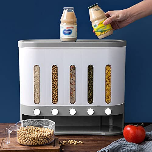 WXPXYBF Cereal Dispenser, Wall Mounted, Kitchen Storage Jars, Grain Dispenser with 5 Compartments, Rice Dispenser, Airtight Beans, Food Dispenser, Storage Jars with Lids for Cereals, White