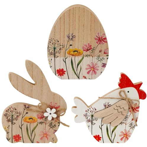 3 X Deko Aufsteller für Ostern Osterei Kaninchen Henne Osterschmuck Osterdekoration aus Holz Osterdeko zum Hinstellen