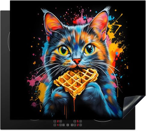 KitchenYeah© Protection Plaque Induction 60x52 cm Protege Deco Cuisine Cache Protège De Cuisson Accessoires Chat - Graffiti - Coloré - Gaufre - Nourriture
