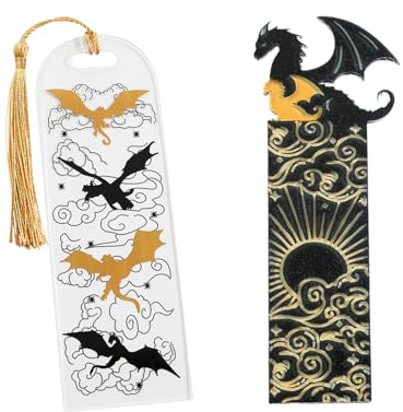 VARKAGE 2 Stück Fantasy Lesezeichen, Schwarz Gold Acryl Drachen mit Sonne und Wolken, Anime für Buchliebhaber Freunde Familie Lesebegeisterte, Geschenk