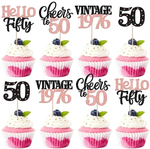 Xsstarmi 24 Pack 50th Birthday Cupcake Toppers Glitter 50 Hello Fifty Vintage 1976 Cupcake Picks Cheers to 50 Cake Decorations for 50 Fabulous Happy 50th Birrthday Party Supplies Rose Gold