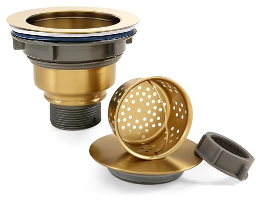 QuiLanTu 114mm Kitchen Sink Waste Kit Replacement Sink Drain Assembly Removable 304 Stainless Steel Deepen Sink Strainer Basket with Sealing Cover for Kitchen Laundry Room RV(Gold)
