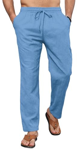 EDITCOZY Linnebyxor herr yoga elastisk midja sommarbyxor herr långa linnebyxor lös passform bomull byxor, Blå, L