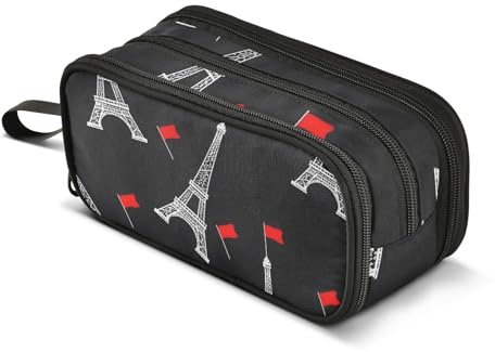 Grande trousse à crayons avec drapeau de la tour de Paris - Trousse de maquillage portable pour bureau, école, collège, étudiants, filles, garçons, multicolore, Taille unique, Trousse de beauté