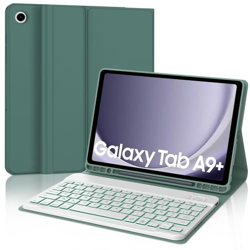 WAVATA Étui Clavier pour Samsung Galaxy Tab A9+ 11 2023 avec Rétroéclairé, (SM-X210/X216/X218), Housse Clavier pour Samsung Tab A9 Plus Magnétique Détachable AZERTY Bluetooth, Vert foncé