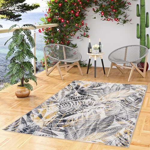 Pergamon Outdoor Teppich Malibu Anthrazit Senfgelb - Wetterfester, UV-beständiger Designteppich für Innen- und Außenbereich, Balkon, Terrasse, Garten, pflegeleicht und strapazierfähig